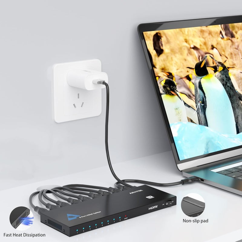 Arvitek HDMI Splitter 1 in 8 Out, 1x8 HDMI Splitter for HDTV TV Monitor, 4K@30Hz, Mirror 1 Source to 8 Displays Simultaneously, (Mirror Only) - Image 3